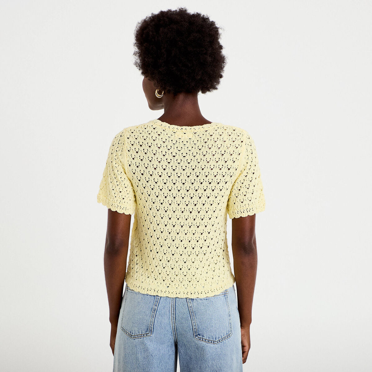 Gilet ajouré col v manches courtes jaune pastel femme