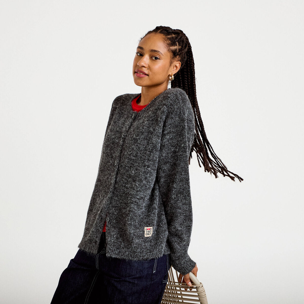 Gilet ample manches longues gris foncé femme