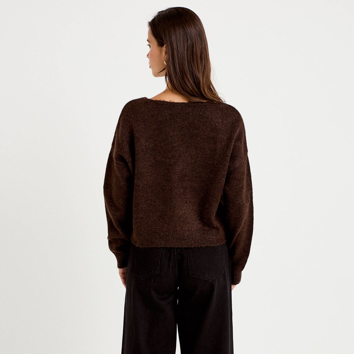 Gilet col v manches longues marron foncé femme