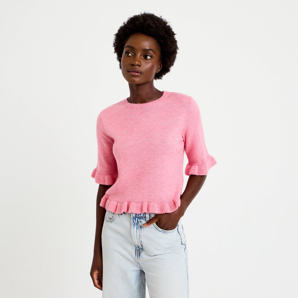 Pull col rond manches courtes rose clair femme