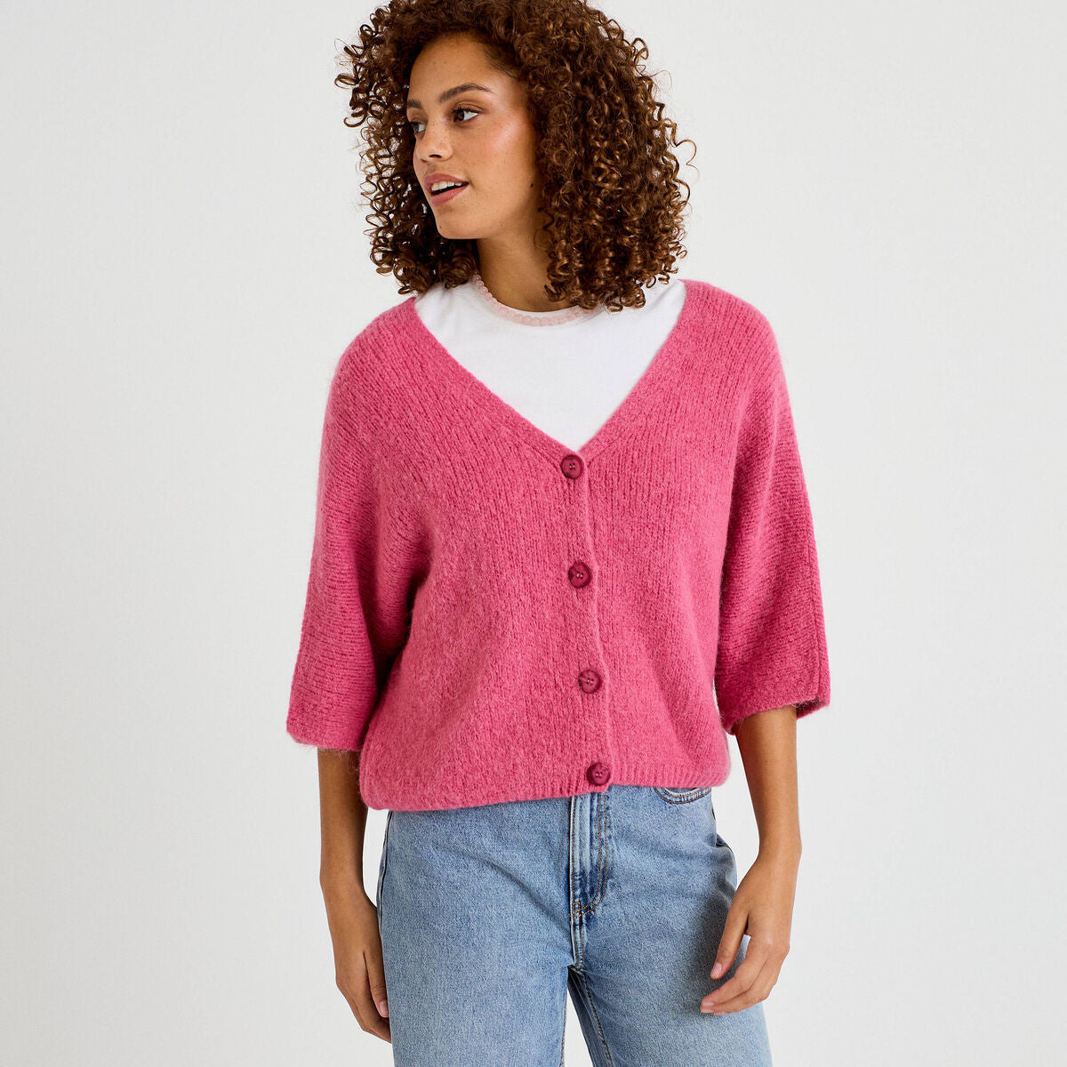 Gilet ample col v manches 3/4 vieux rose femme