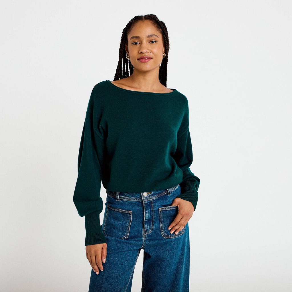 Pull oversize col bateau manches longues vert foncé femme