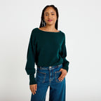 Pull oversize col bateau manches longues vert foncé femme