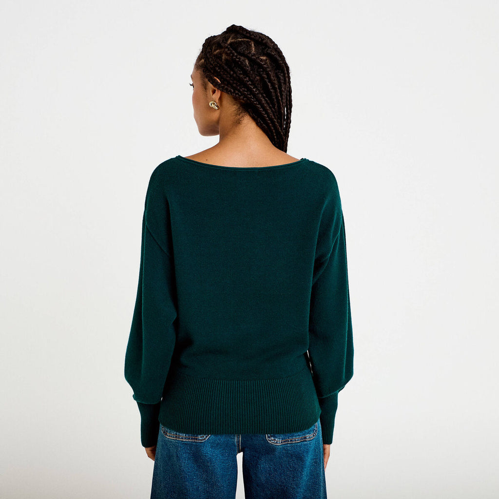 Pull oversize col bateau manches longues vert foncé femme