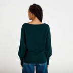 Pull oversize col bateau manches longues vert foncé femme