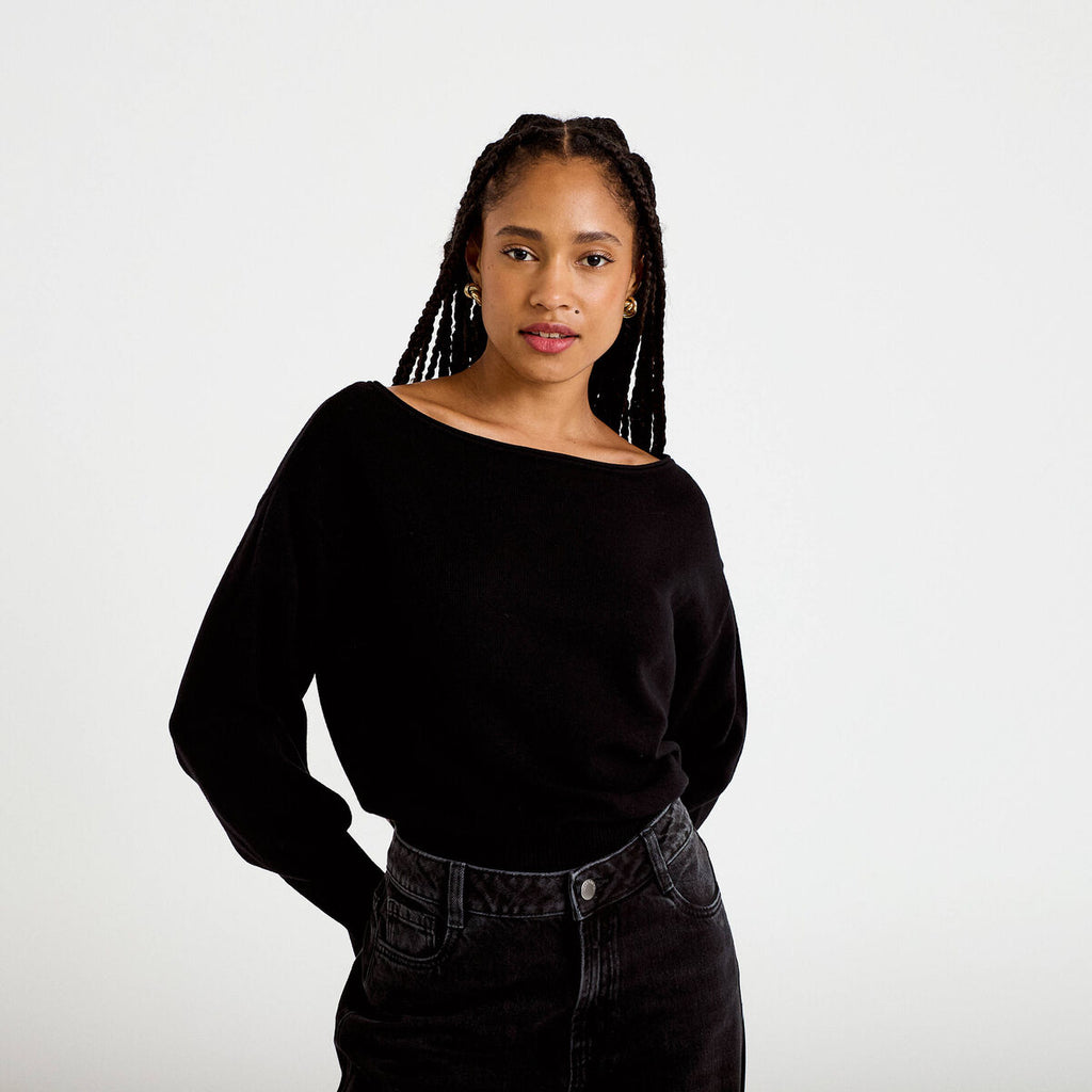 Pull oversize col bateau manches longues noir femme