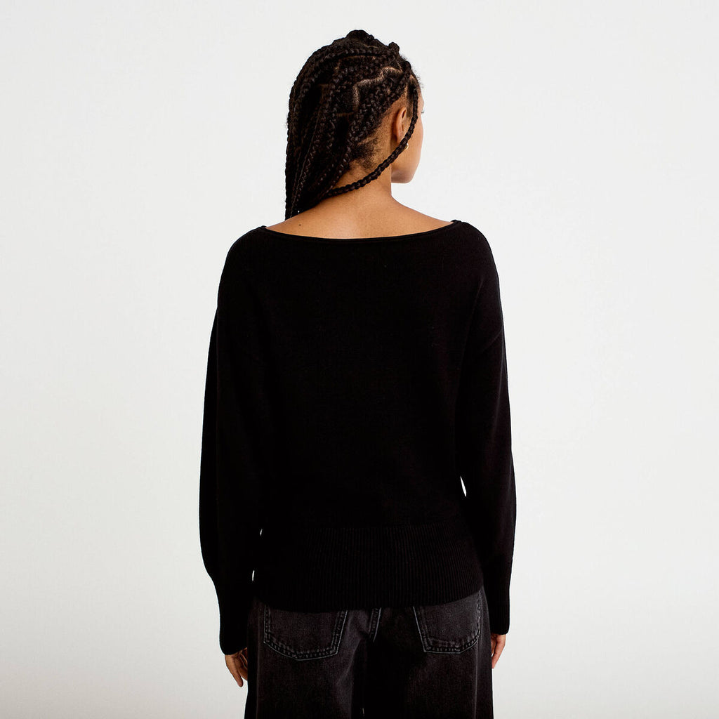 Pull oversize col bateau manches longues noir femme