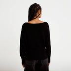 Pull oversize col bateau manches longues noir femme