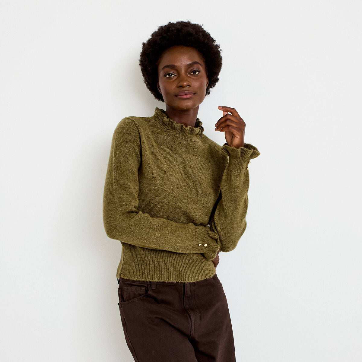 Pull ajusté col montant manches longues vert kaki femme