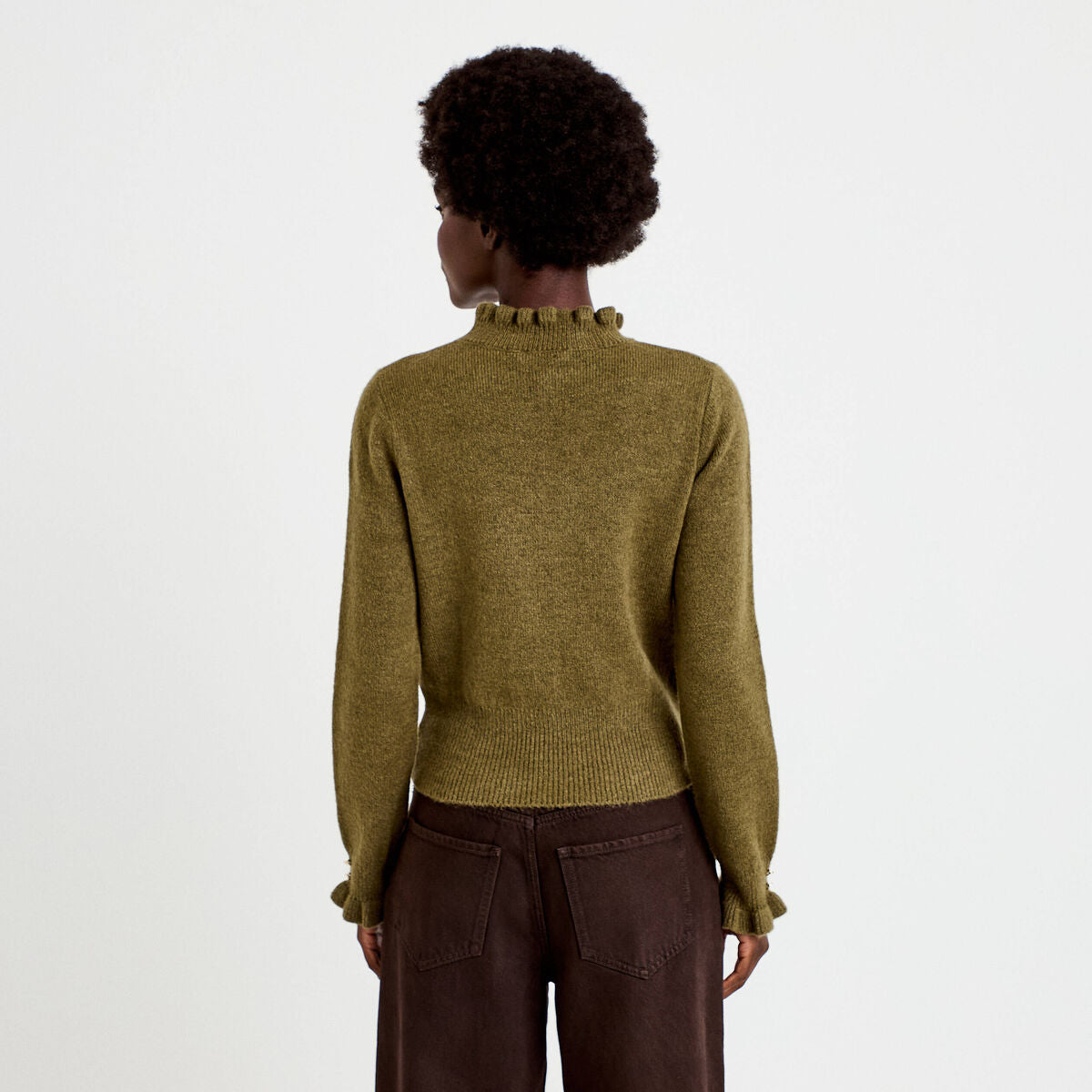 Pull ajusté col montant manches longues vert kaki femme