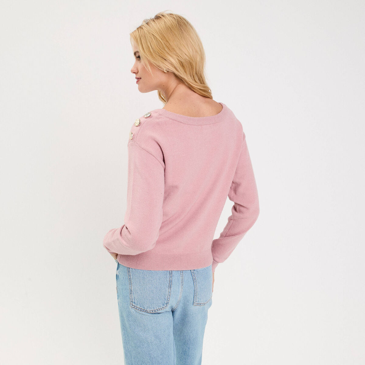 Pull fin col rond manches longues rose poudrée femme
