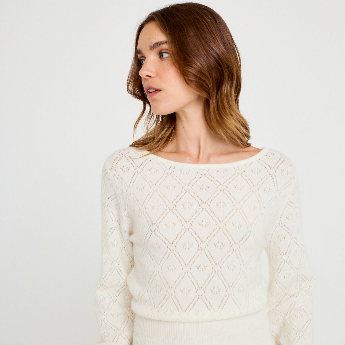 Pull ajouré col bateau manches longues ecru femme