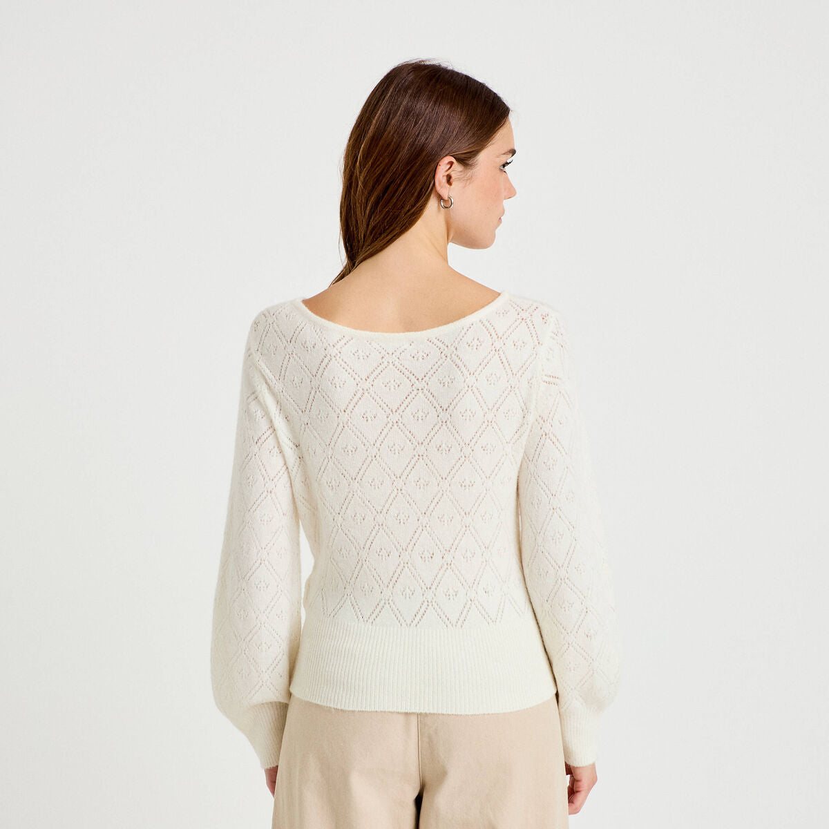 Pull ajouré col bateau manches longues ecru femme