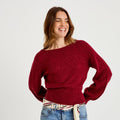 Pull ajouré col bateau manches longues rouge foncé femme