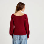 Pull ajouré col bateau manches longues rouge foncé femme