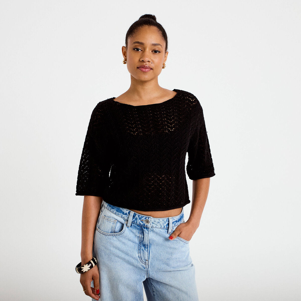 Pull ajouré aspect dentelle col rond noir femme