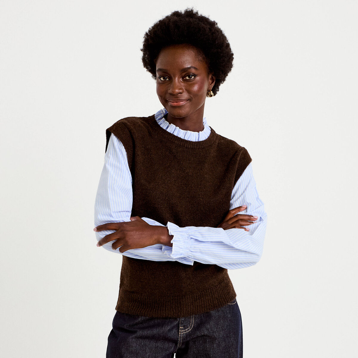 Pull 2-en-1 col chemise manches longues marron foncé femme