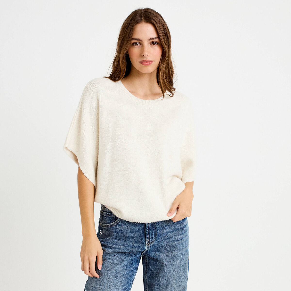 Pull oversize col rond manches courtes ecru femme