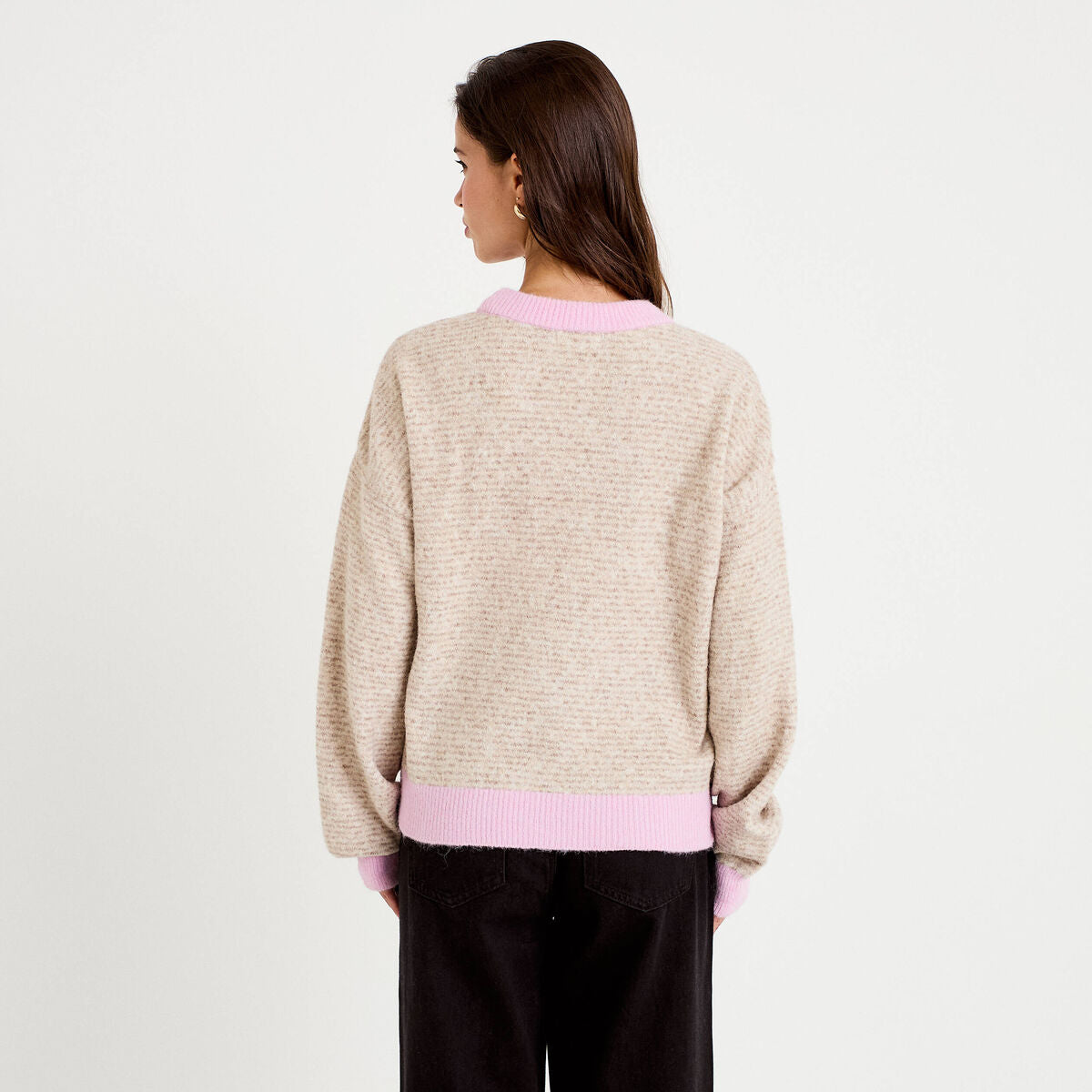 Pull ample col rond manches longues marron femme