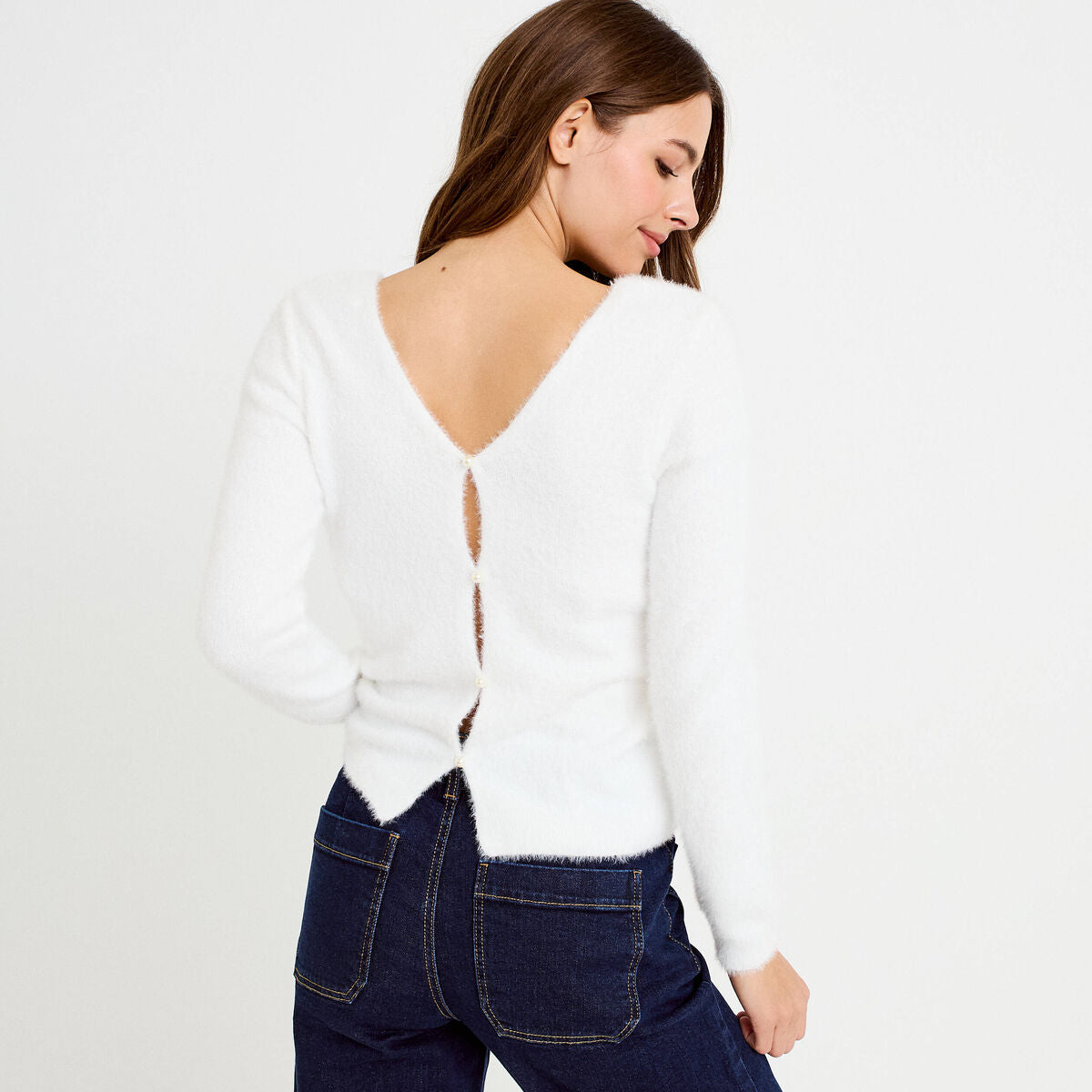 Pull col v manches longues ecru femme