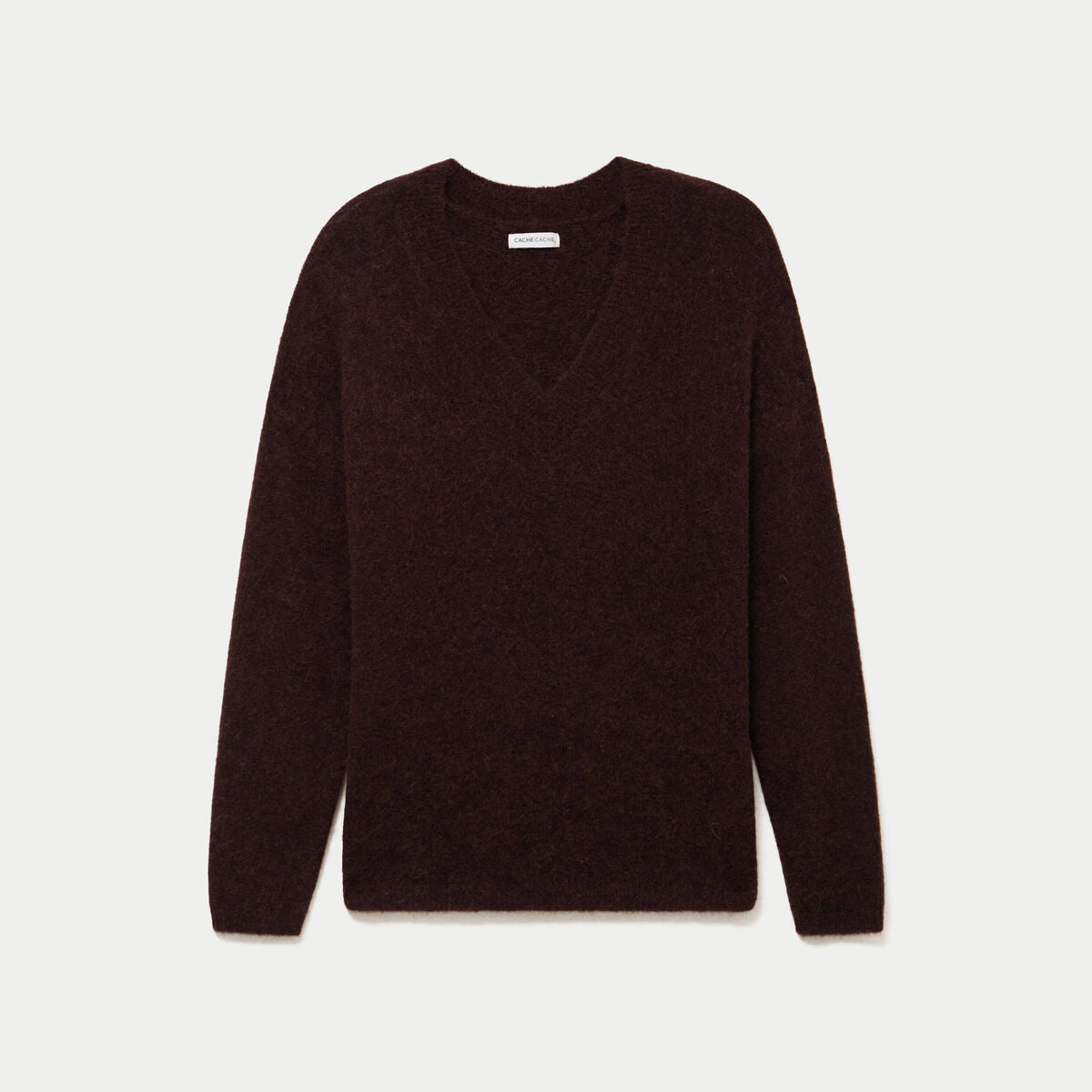 Pull col v manches longues marron foncé femme
