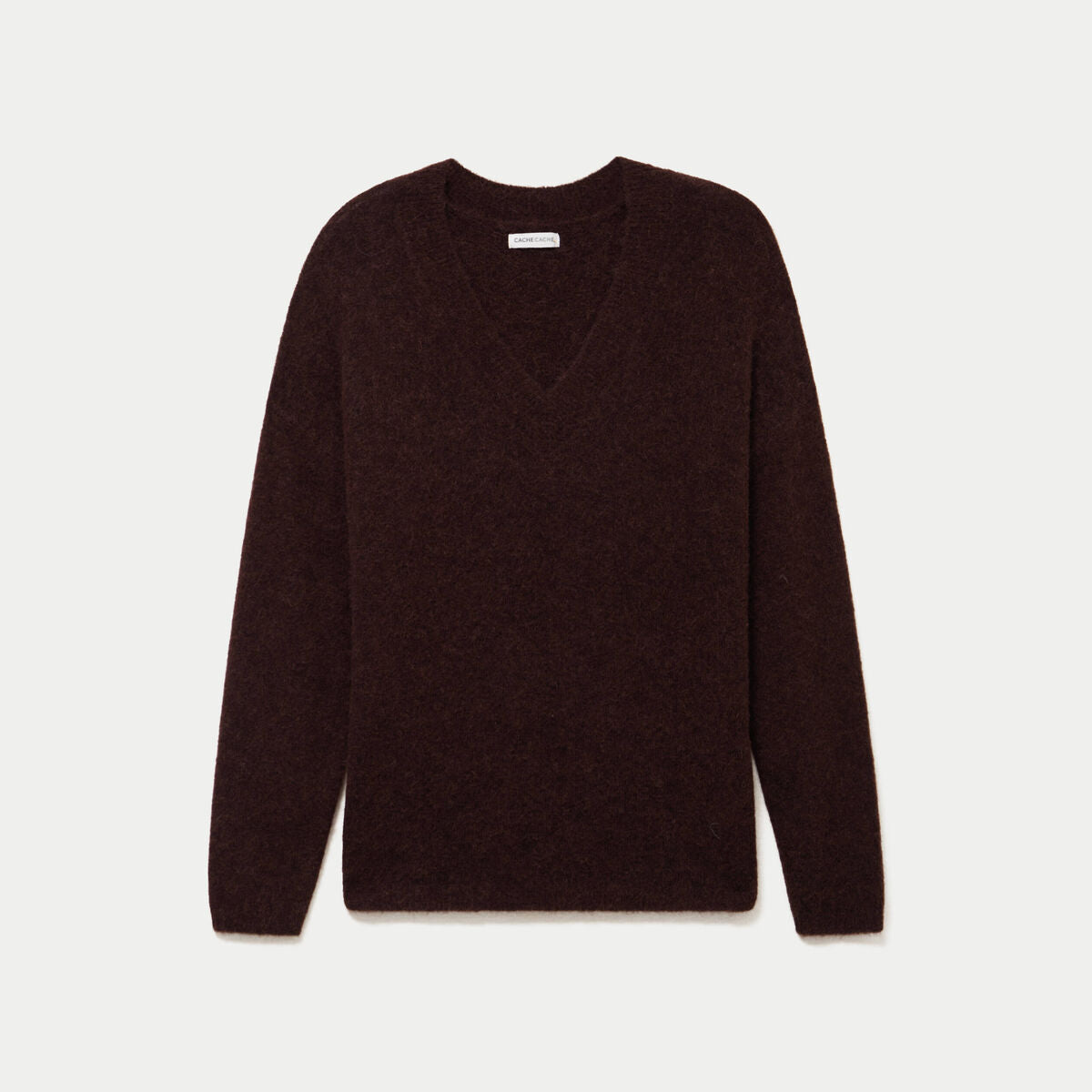 Pull col v manches longues marron foncé femme
