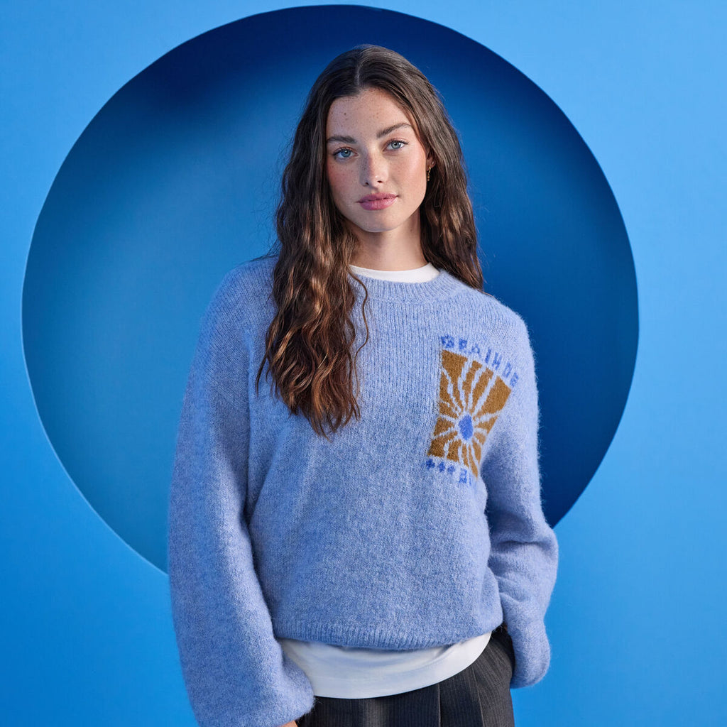 Pull ample col rond manches longues bleu ciel femme