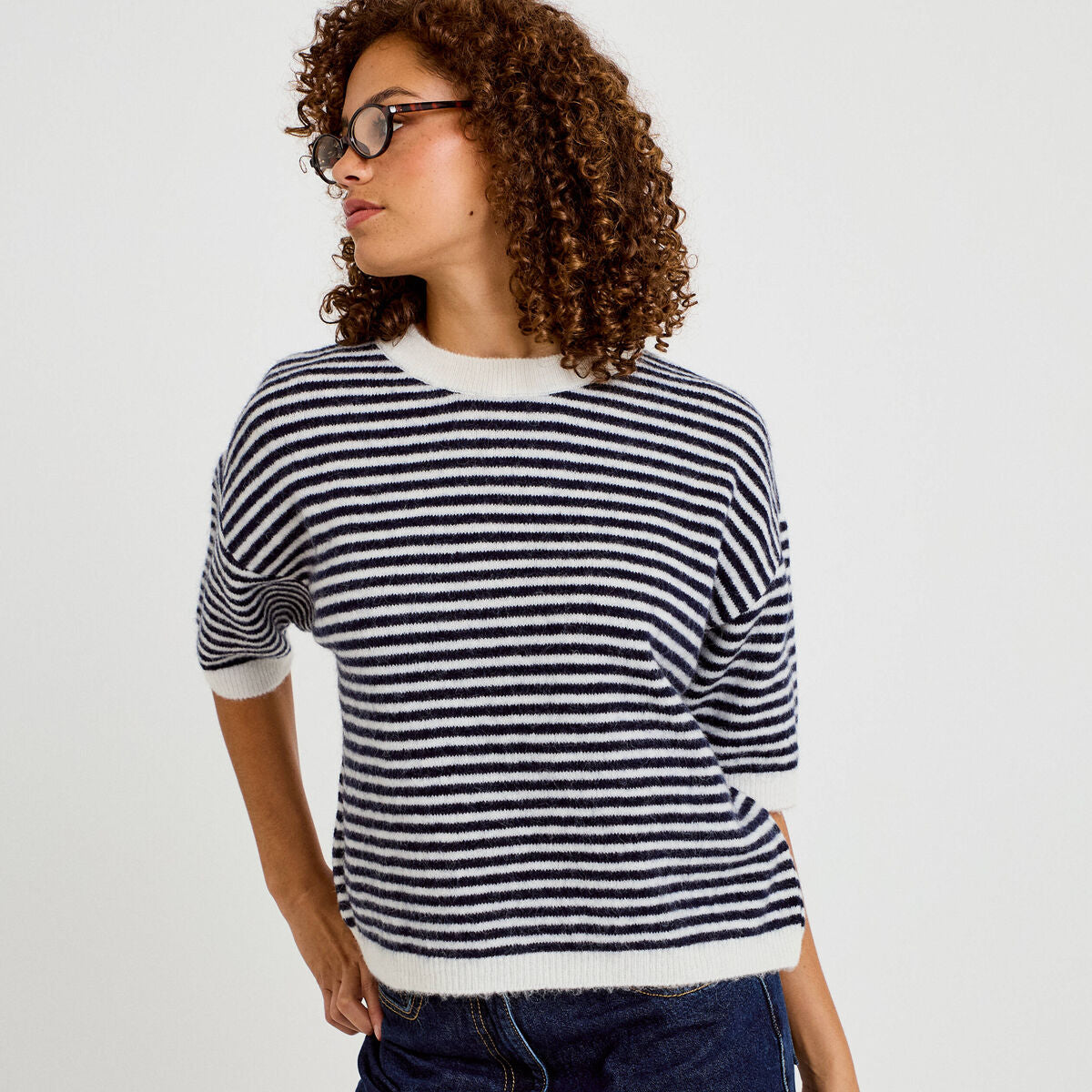 Pull ample duveteux manches courtes ecru femme