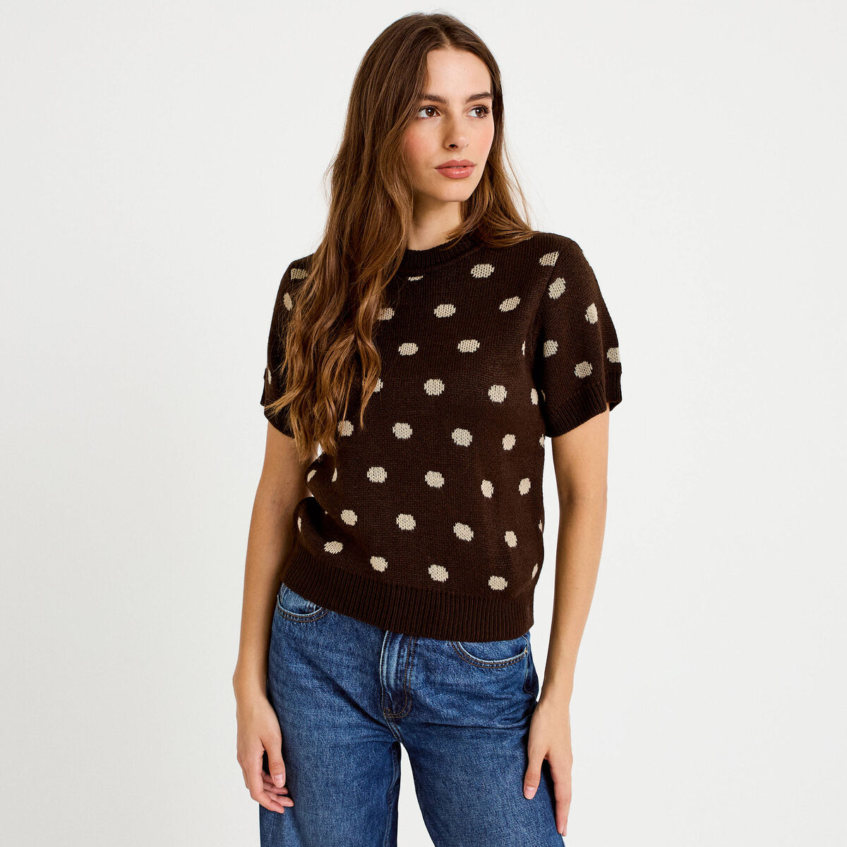 Pull cintré col rond manches courtes marron foncé femme