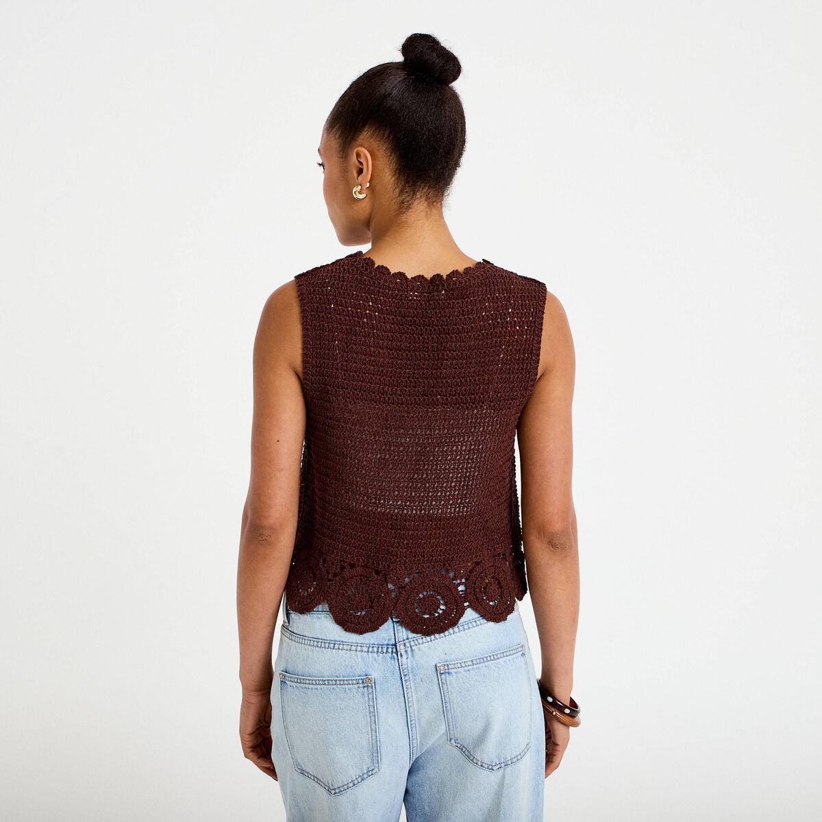 Gilet ajusté court sans manches col v marron foncé femme