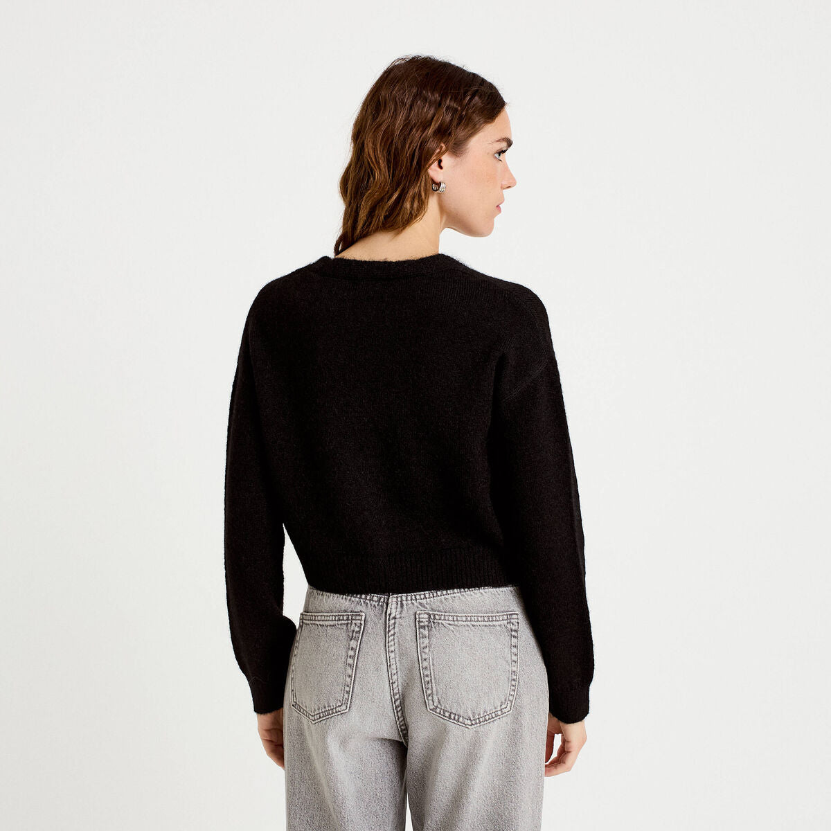 Gilet court ajusté col v manches longues noir femme