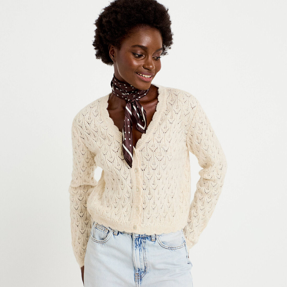 Gilet ajouré col v manches longues ecru femme