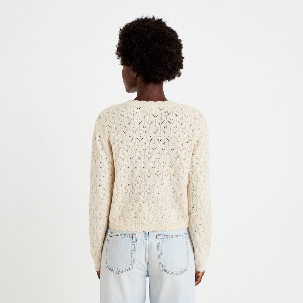 Gilet ajouré col v manches longues ecru femme