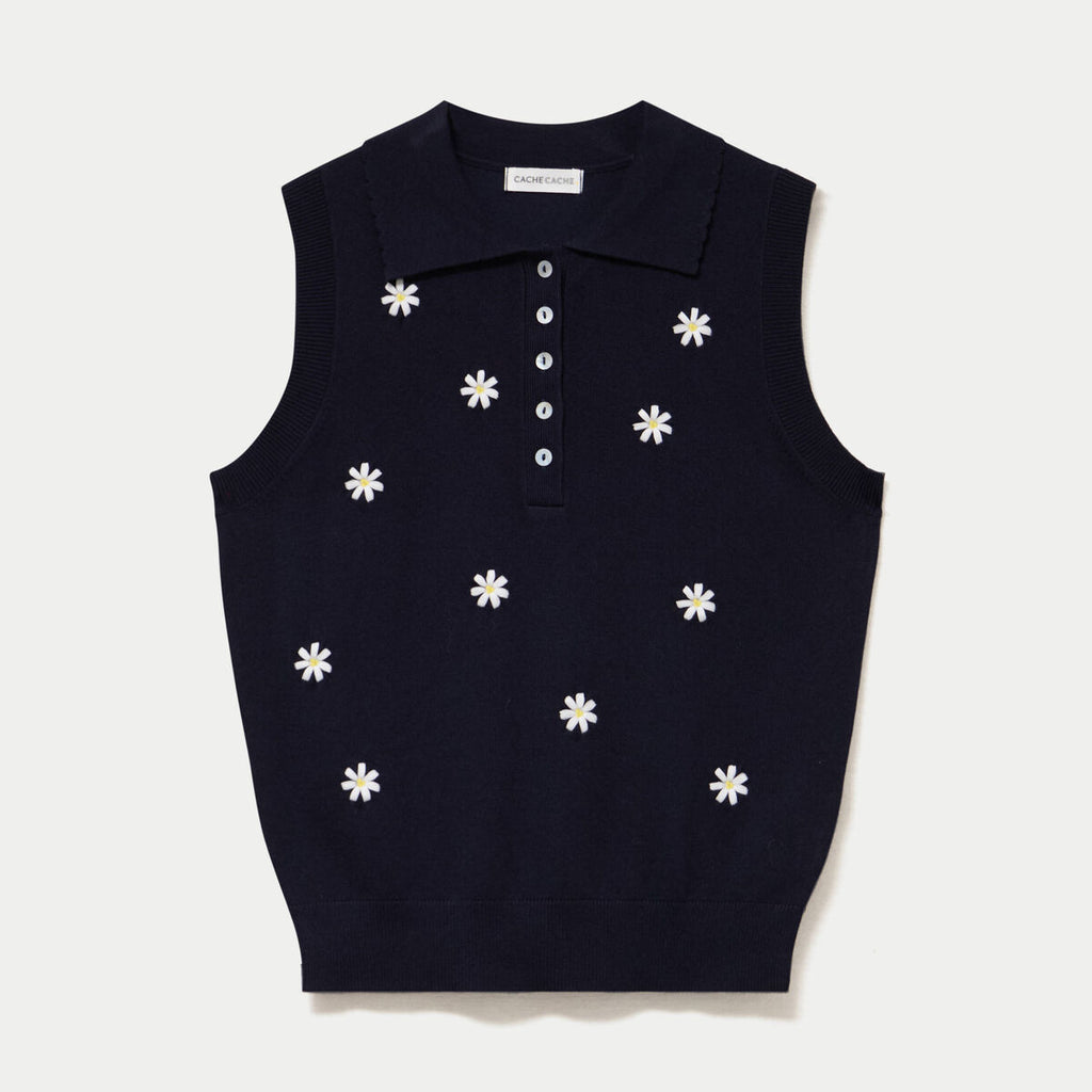 Polo sans manches col chemise brodé bleu marine femme