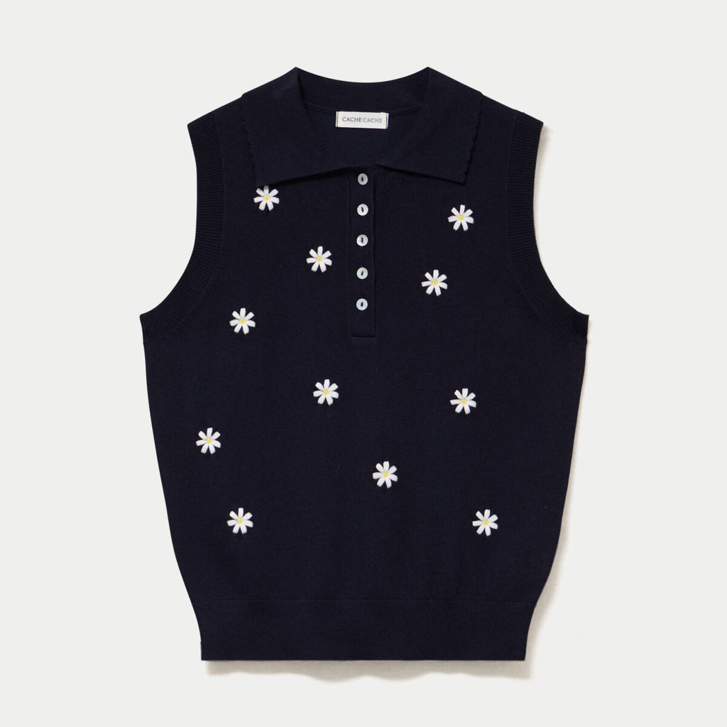Polo sans manches col chemise brodé bleu marine femme