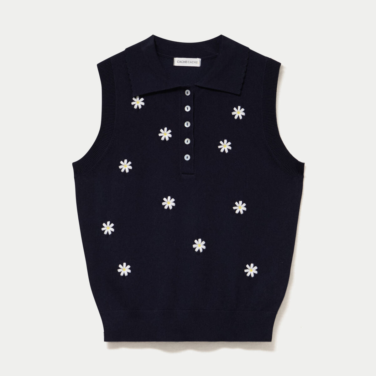 Polo sans manches col chemise brodé bleu marine femme