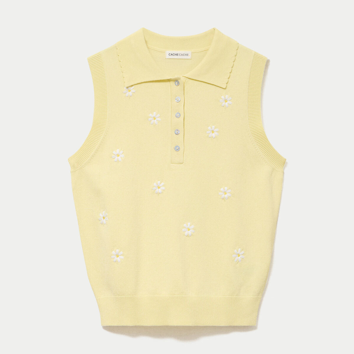 Polo sans manches col chemise brodé jaune clair femme