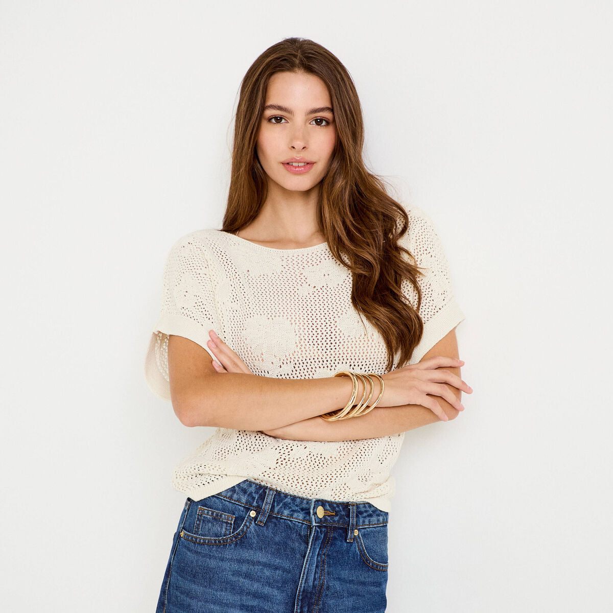 Pull ajouré col bateau manches courtes ecru femme