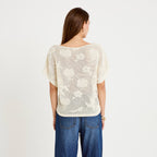 Pull ajouré col bateau manches courtes ecru femme