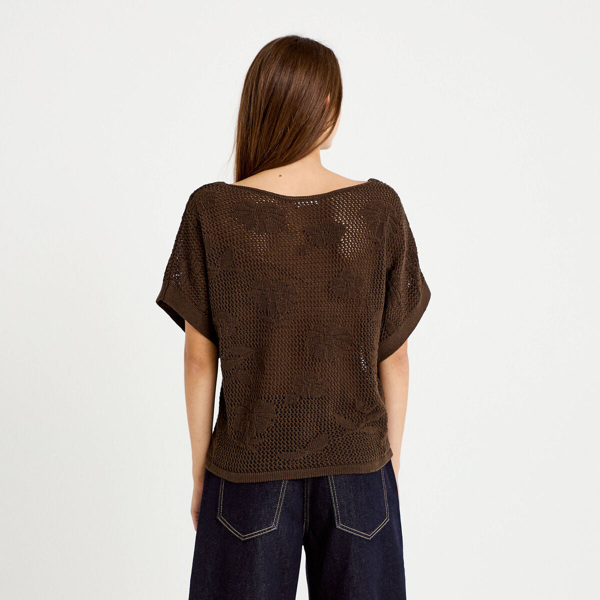 Pull ajouré col bateau manches courtes marron foncé femme