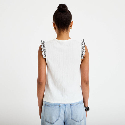 Blouse décolleté sans manches brodée noir femme