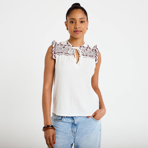 Blouse décolleté sans manches brodée rouge femme