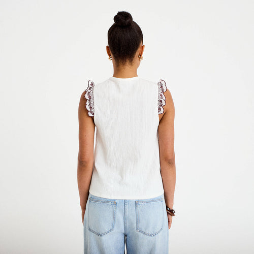 Blouse décolleté sans manches brodée rouge femme