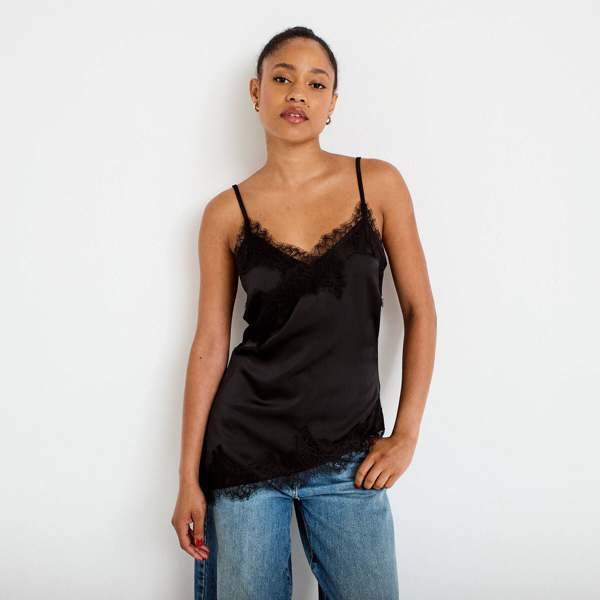 Débardeur ajusté décolleté dentelle noir femme