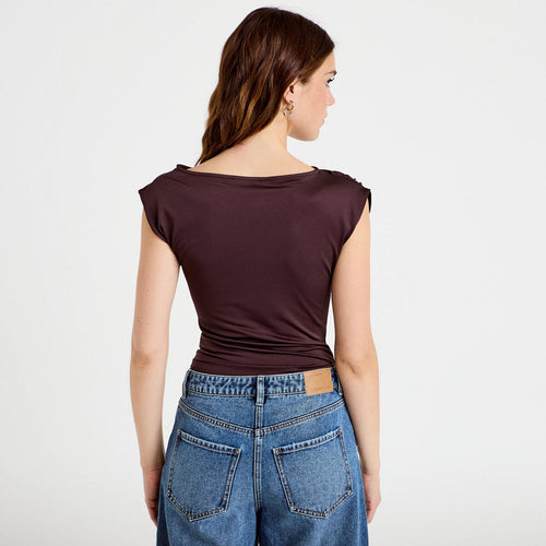 Body ajusté décolleté sans manches marron foncé femme
