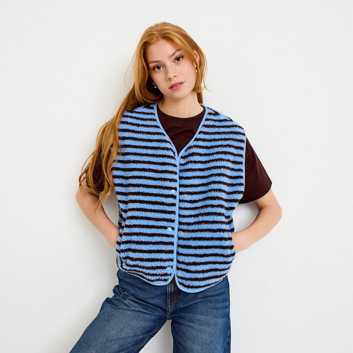 Gilet sans manches effet bouclette marron foncé femme
