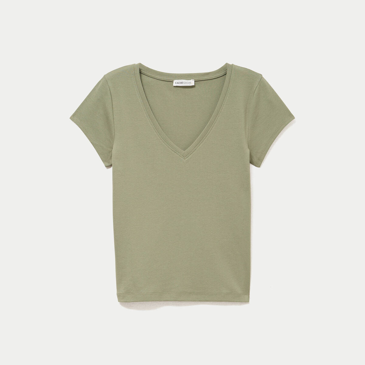 T-shirt ajusté col v manches courtes vert kaki femme