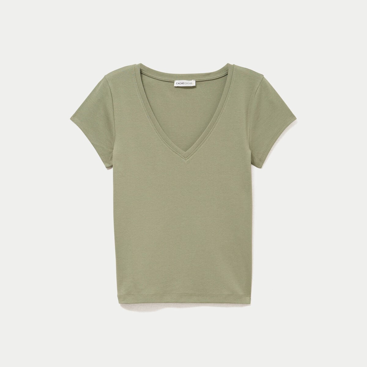 T-shirt ajusté col v manches courtes vert kaki femme