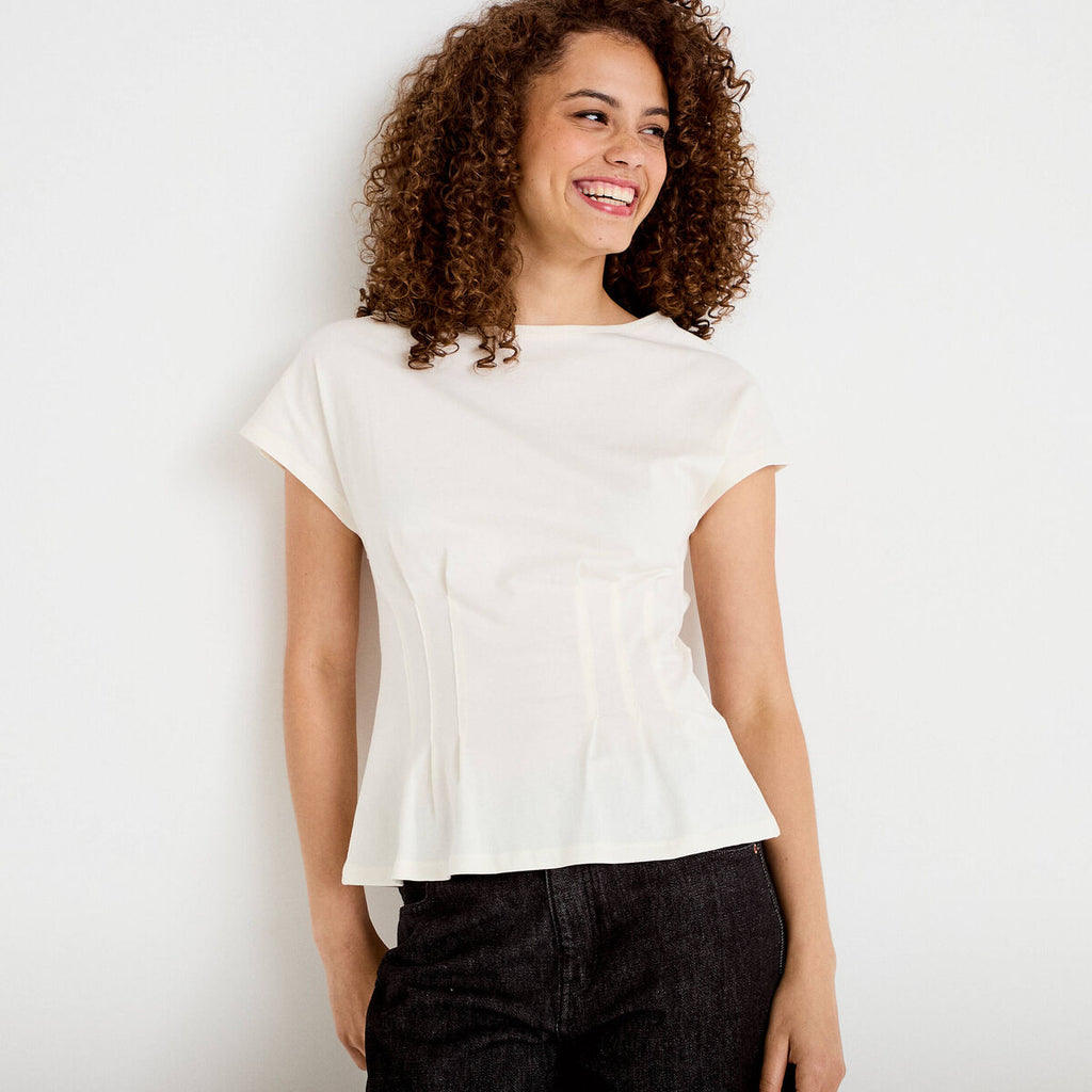 T-shirt cintré col rond manches courtes ecru femme