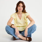 Blouse à volants jaune pastel femme